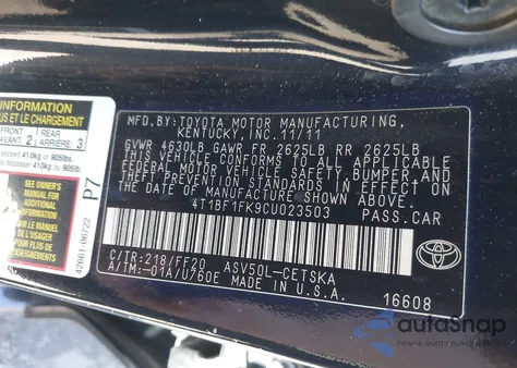 2012 Toyota Camry Se z USA, uszkodzony, nr VIN 4T1BF1FK9CU023503